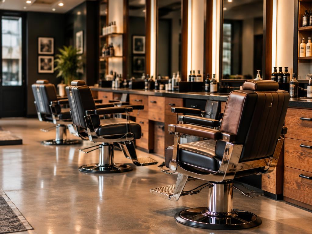 Interior de barbearia moderna com cadeiras de couro